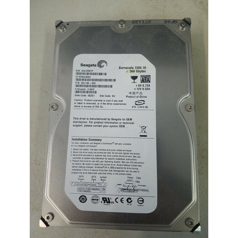 Seagate ST3500630AS P/N: 9BJ146-505 F/W: 3.AAD TK 9QG 500GB